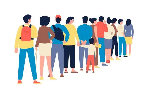 Vector illustration of People standing in line. Worker queue, crowd waiting to entrance. Person group, women, men and child. Flat customers or travellers together, recent vector concept