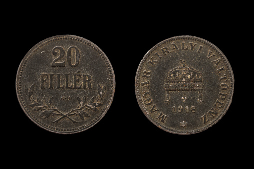 Vintage Austro-hungarian 20 filler coins from 1916.