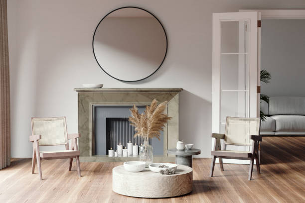 interior de muebles renderizados en 3d en salón - round mirror fotografías e imágenes de stock