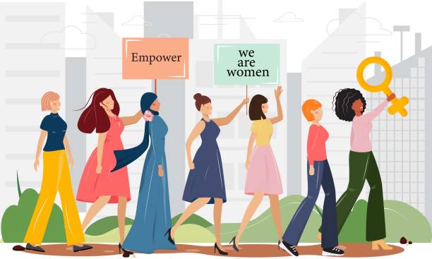 Group of happy women walking in the city and demonstrating their empowerment. International Women's Day. Group of happy women walking in the city and demonstrating their empowerment. International Women's Day. Women holding placards with feminist and empowerment messages. Vector illustration. beautiful woman walking stock illustrations