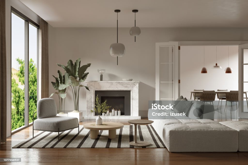 White sofa in contemporary living room at home White sofa by coffee table and fireplace in contemporary living room at home. Render image Living Room Stock Photo