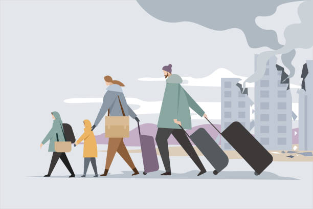 illustration of a family is fleeing from a war torn country. anti war concept - delik illüstrasyonlar stock illustrations