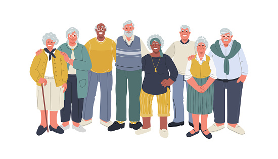 Diverse senior people huddle,smiling and standing together.Vector illustration
