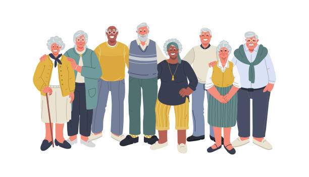 Diverse senior people huddle,smiling and standing together.Vector illustration Seniors huddle and smiling.Happy group of diverse old people standing together isolated on white background.Vector illustration in cartoon flat style. 70 79 years stock illustrations