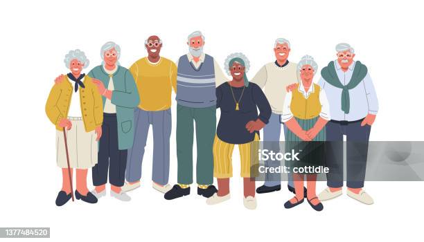 Diverse Senior People Huddle Smiling And Standing Togethervector Illustration Stock Illustration - Download Image Now