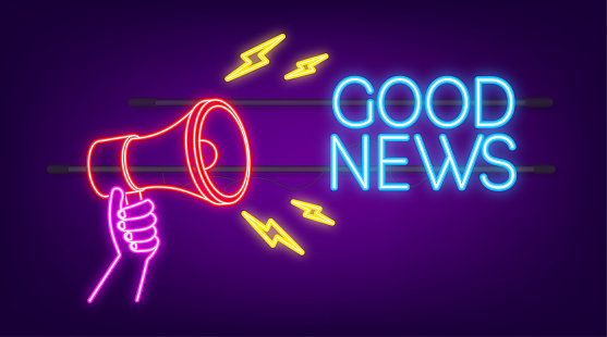 Megaphone with good news. Megaphone banner. Web design. Neon style. Vector stock illustration.