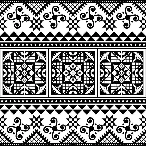 Vector illustration of Ukrainian Hutsul Pysanky (Easter eggs) vector seamless folk art pattern - repetitive design in black and white