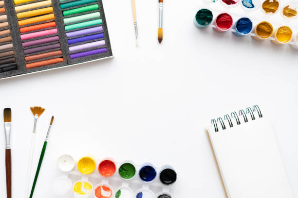 istock Flat composition set of artistic tools. Brushes, paints, pencils, pastels for drawing. Place for text. 1377505671