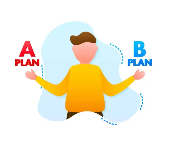 Vector illustration of Man choosing between two options. Plan A nad B. Vector stock illustration.