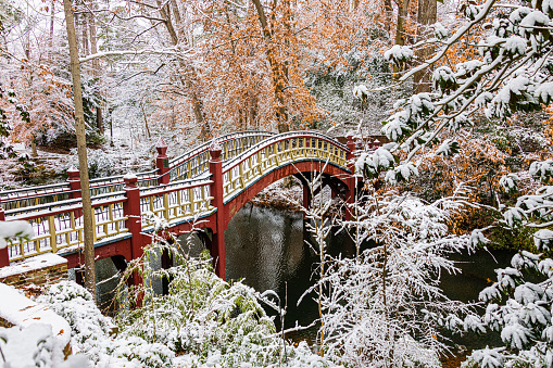 A view of the Crim Dell Bridge with snow near the College of William and Mary in Williamsburg, Virginia.