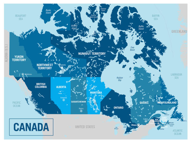 politische landkarte kanadas. detaillierte vektorillustration mit isolierten staaten, regionen, inseln und städten, die leicht zu gruppieren sind. - manitoba map canada outline stock-grafiken, -clipart, -cartoons und -symbole