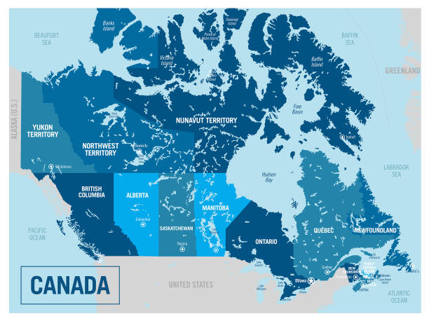 ilustraciones, imágenes clip art, dibujos animados e iconos de stock de mapa político del país de canadá. ilustración vectorial detallada con estados, regiones, islas y ciudades aisladas fáciles de desagrupar. - alberta map canada cartography