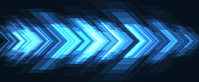 Abstract blue arrows high-speed movement futuristic technology concept wide background. Dynamic motion blue hi tech digital arrows and stripes wide banner. Vector illustration