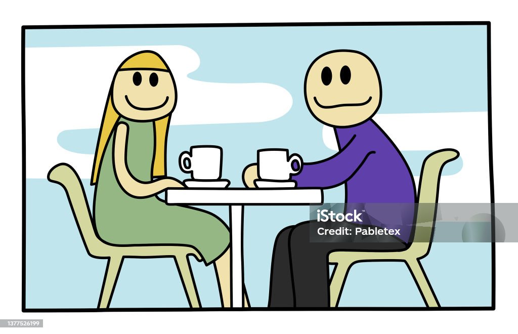 Cute Couple Characters In A Date Sitting Smiling And Having A Coffee In A  Bar Outdoors Cartoon Style Illustration Stock Illustration - Download Image  Now - iStock