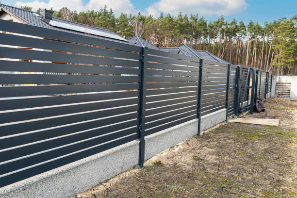 istock Modern anthracite panel fencing, visible spans and a fence foundation connector, view from the garden. 1377535453