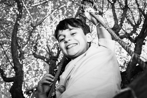 happy carefree boy smiling climbing on a tree swing in his home garden celebrating good spring weather and school holidays