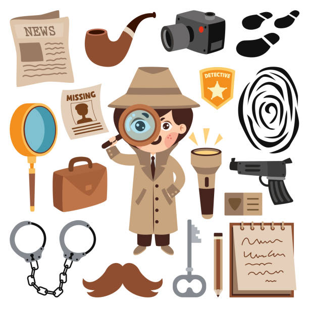 zestaw różnych elementów detektywistycznych - detective inspector forensic science searching stock illustrations