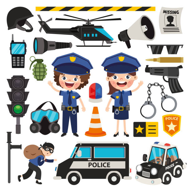 zestaw różnych elementów policji - crime flashlight detective symbol stock illustrations