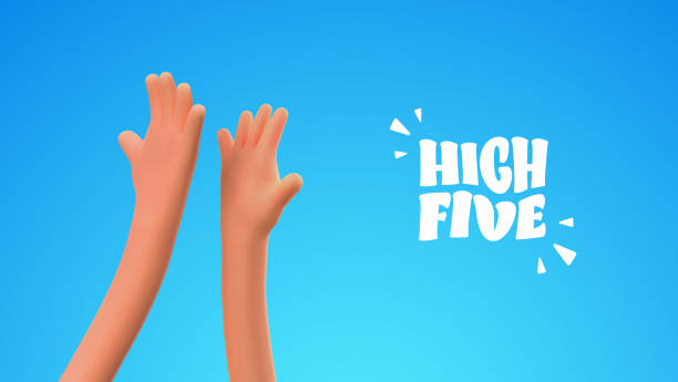 stockillustraties, clipart, cartoons en iconen met high five 3d cartoon hands vector illustration. colleagues friendship. teamwork business success  celebration of win - high five