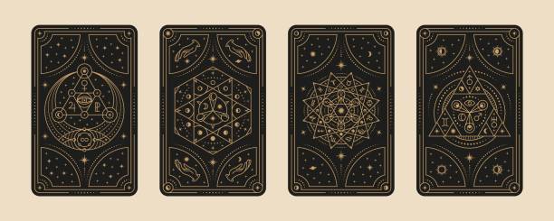 ilustrações de stock, clip art, desenhos animados e ícones de tarot cards. gypsy card, witches symbol for lovers mystical ritual. divination and astrology magical frames set, line magic graphics. tidy occult vector elements - voodoo