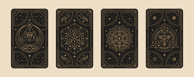 Tarot cards. Gypsy card, witches symbol for lovers mystical ritual. Divination and astrology magical frames set, line magic graphics. Tidy occult vector elements. Illustration of tarot card set
