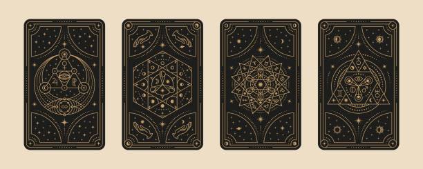 tarot cards. gypsy card, witches symbol for lovers mystical ritual. divination and astrology magical frames set, line magic graphics. tidy occult vector elements - 塔羅牌 插圖 幅插畫檔、美工圖案、卡通及圖標
