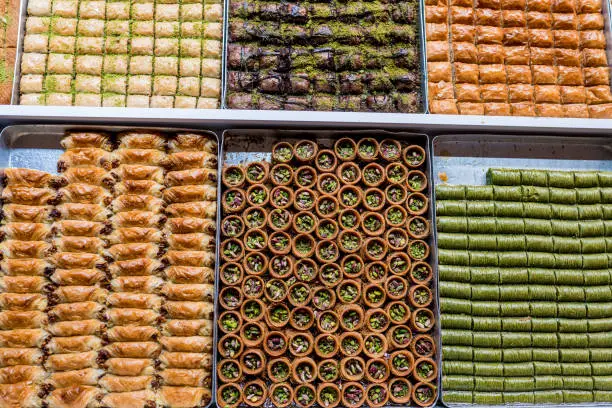 Photo of Most Popular Turkish dessert Baklava.  Variety of famous baklava types at the Grand Bazaar, Istanbul