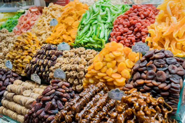 Variety of dried fruits, wallnut, nut, juchkhela and pistachio at Egyptian Bazaar in Istanbul