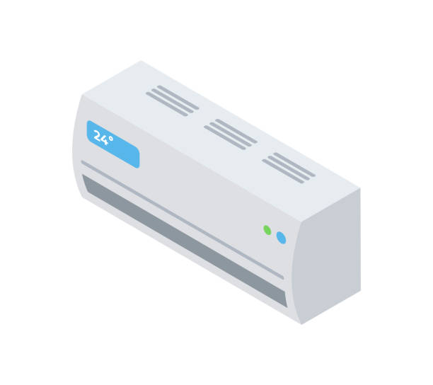 Modern electronic air conditioner with temperature indicator isometric vector illustration Modern electronic air conditioner with temperature indicator isometric vector illustration. Indoor cooling technology device for comfortable temp control isolated. Central appliance with thermostat temp gauge stock illustrations