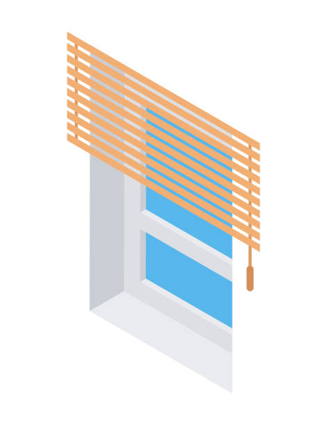 Isometric home office white window with jalousie vector inside decor striped shadow curtains Isometric home office white window with jalousie vector illustration. Traditional interior design element with glass and windowsill. Inside decor with modern striped shadow curtains for privacy zills stock illustrations