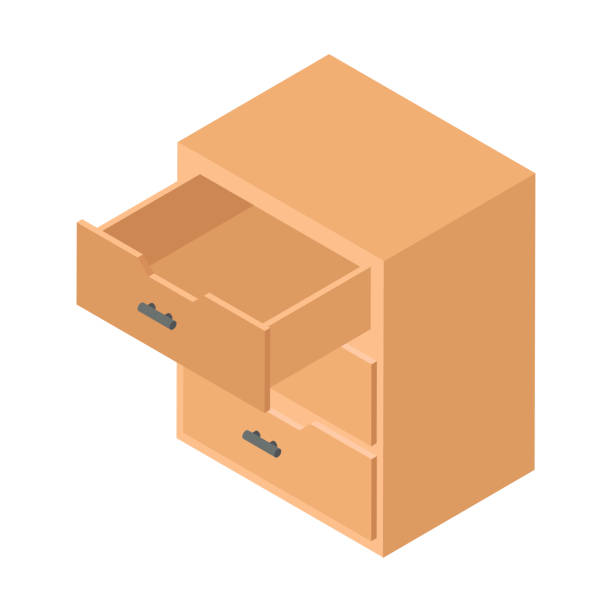 деревянная тумбочка с открытым ящиком изометрическая векторная иллюстрация мебели домашнего офиса интерьера - выдвижной ящик stock illustrations