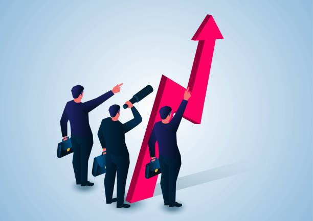 istock Three businessmen collaborating to find growing arrow, exploring and analyzing business development and direction, business concept illustration 1377616471