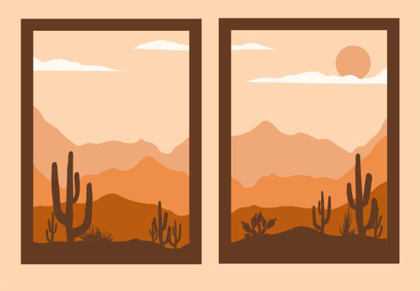 mid century wüstenplakat. - desert cactus mexico arizona stock-grafiken, -clipart, -cartoons und -symbole