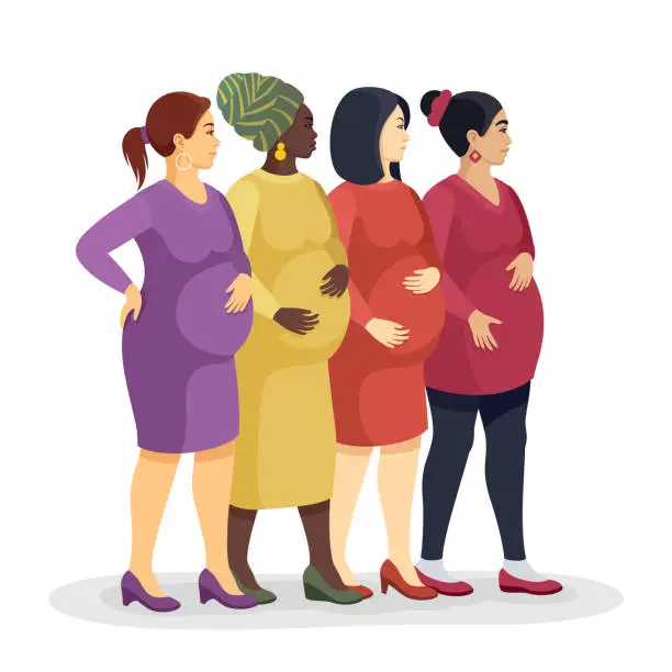 Vector illustration of Pregnant women of different ethnicity.