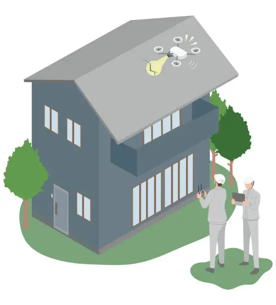 Vector illustration of Drone and operator to detect cracks in the roof