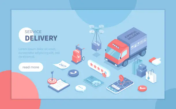 Vector illustration of Delivery Service. Express delivery, Online tracking shipping order. Delivery truck, drone, mobile app, parcels. Isometric vector illustration for banner, website.