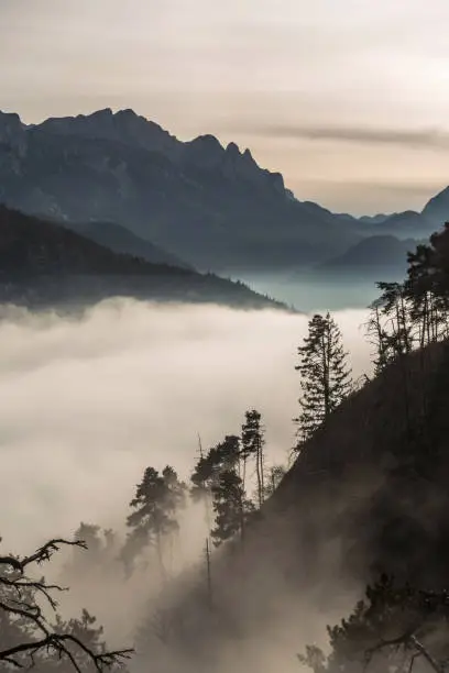 View over the foggy Saalach valley, Schneizlreuth, Bavaria, Germany.