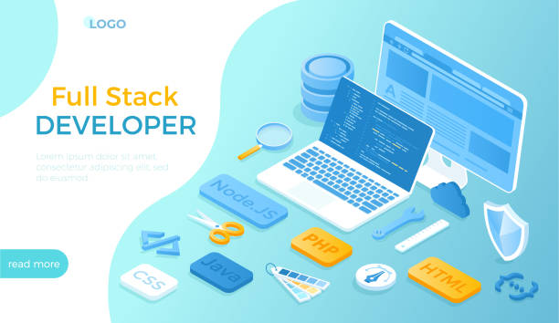 full stack developer. programmer who can work with software and hardware part of the service back end and user interface front end. isometric vector illustration for website. - 網頁設計員 幅插畫檔、美工圖案、卡通及圖標