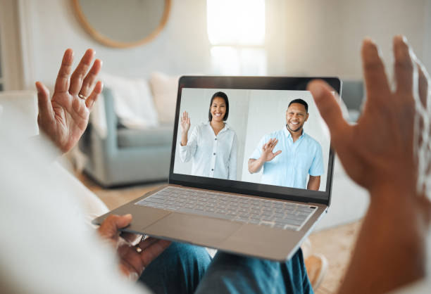 istock Shot of a unrecognizable man on a video call at home 1377653424