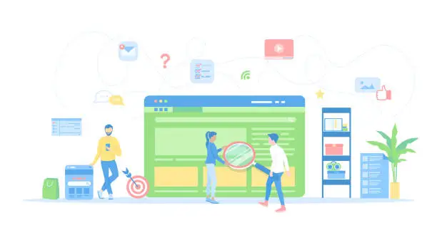 Vector illustration of Web search technology, Search engine, SEO, Data finding. People hold a magnifying glass,looking information on the search page. Window interface. Conceptual flat vector illustration for web and design