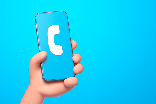 Hand holds smartphone with phone icon on blue background. 3d illustration