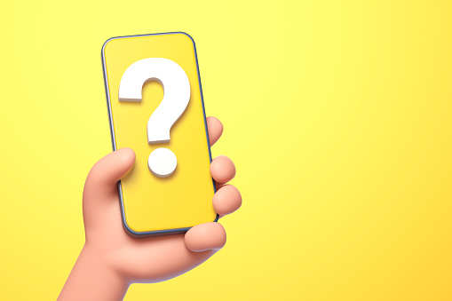 Hand holds smartphone with question mark on yellow background. 3d illustration