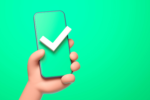 Hand holds smartphone with checkmark on green background. 3d illustration