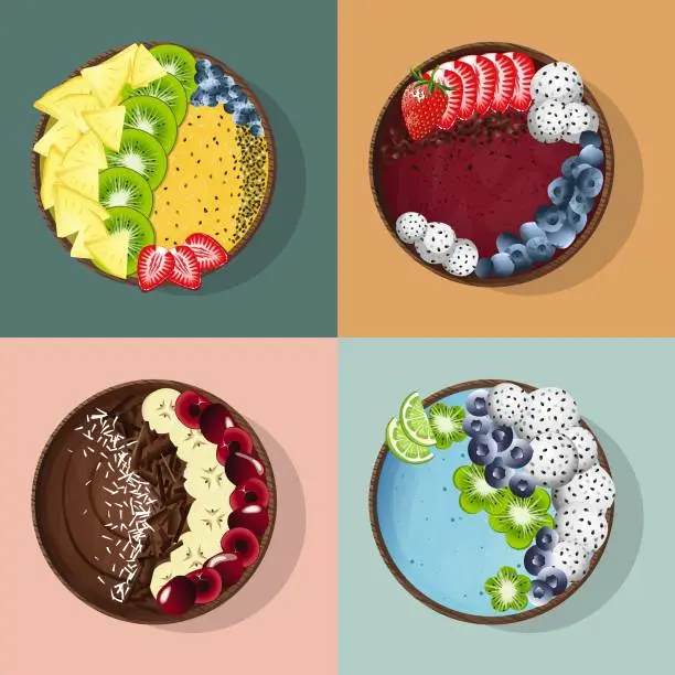 Vector illustration of Healthy breakfast Smoothie bowls with fruit toppings.