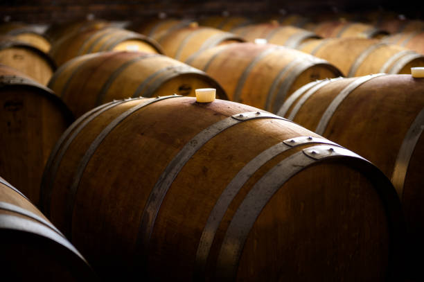 hilera de barriles de madera hacinados en una bodega subterránea para la crianza del vino - winery wine cellar barrel fotografías e imágenes de stock