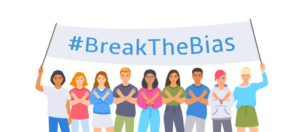 Break the bias womens day crossed arms pose Break the bias pose. Diverse women and men stand with crossed arms and banner to stop gender discrimination and fight stereotypes. People equality movement. International Womens Day. Flat illustration breaking glass ceiling stock illustrations