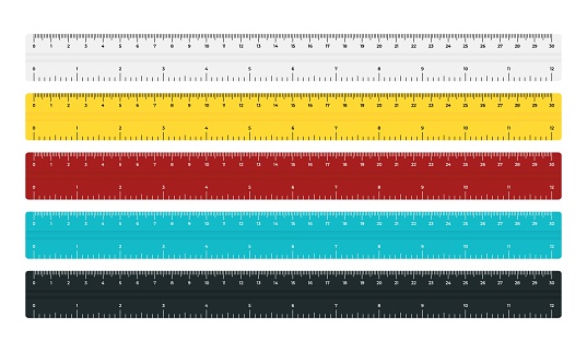 Vector illustration color plastic tape rulers 30 cm and 12 inches isolated on white background. Set of realistic school measuring rulers in flat style. Double sided measurement in centimeter and inch.