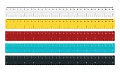 Vector illustration color plastic tape rulers 30 cm and 12 inches isolated on white background. Set of realistic school measuring rulers in flat style. Double sided measurement in centimeter and inch.