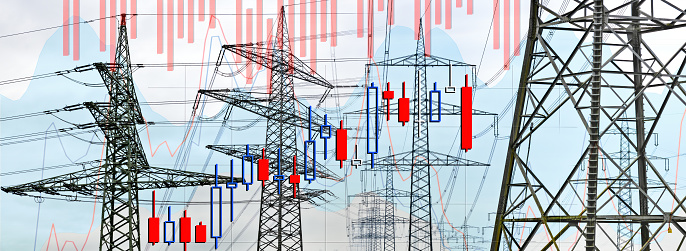 Infographic High prices on the electricity market with power poles and graphics