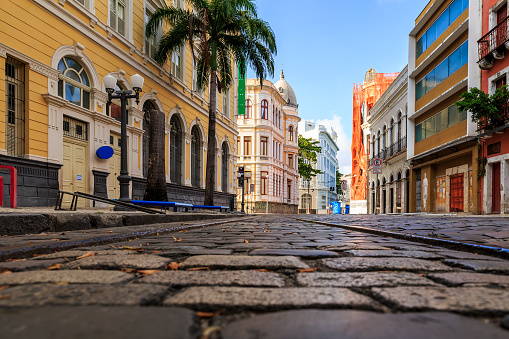 March 03, 2018: view of the historic city of Recife in the state of Pernambuco, Brazil with its colonial buildings and cobblestone streets.
